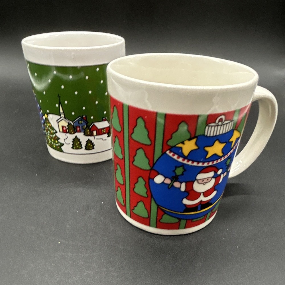 Vintage Christmas Ceramic Coffee Mugs - Lot of 2 Santa & Winter Village